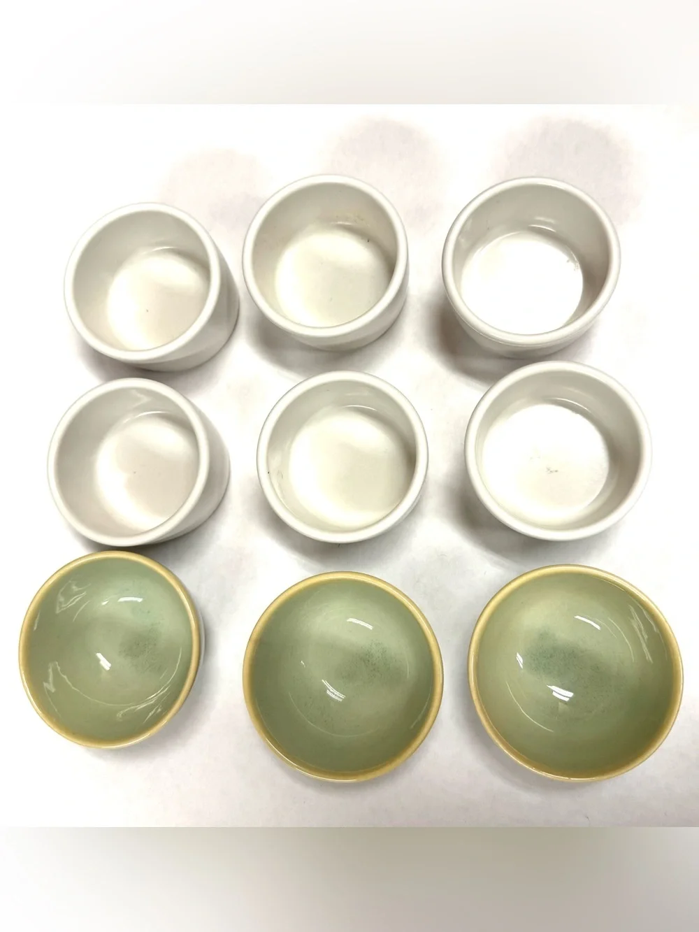 9pc Dipping Bowl Set - 6 Vintage Gessner 0397 White Melamine Ramekin & 3 Celadon